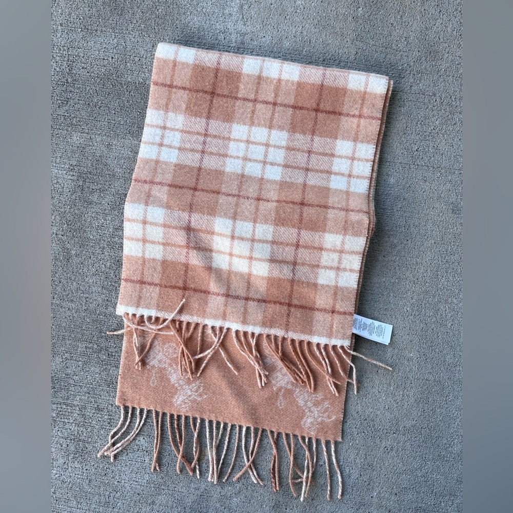 Coach cashmere wool orange logo plaid scarf NWOT